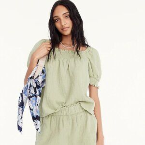 New J.Crew Squareneck Puff-Sleeve Soft Gauze Top, faded pistachio color, XS